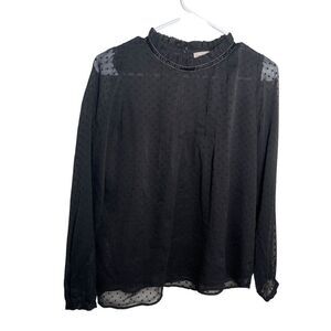Loft Blouse Women's XL Black Mesh Long Sleeve Sheer Polka Dot Career Top